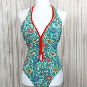 RHODE Green Cheeky One Piece Swimsuit Bathing Suit Halter 70’s Inspired Sz XL
